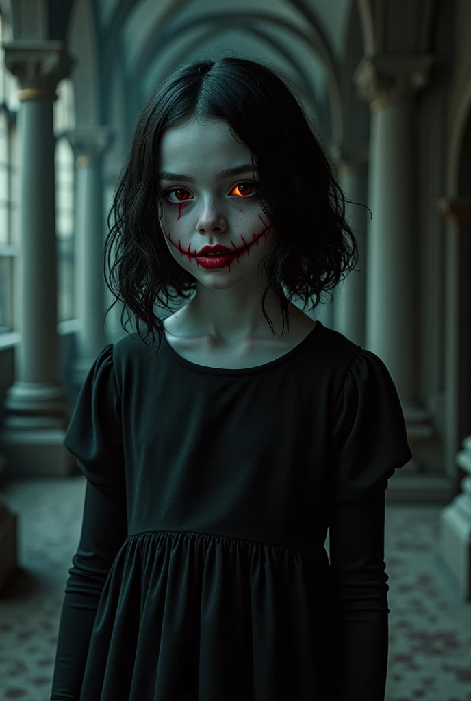 a creepy looking Wednesday Addams girl, pale skin, red glowing eyes, insane twisted smile, dark messy hair, black dress, dark gothic Victorian aesthetic, ornate gothic architecture background, dramatic moody lighting, dark fantasy, cinematic, highly detailed, photorealistic, 8k, masterpiece