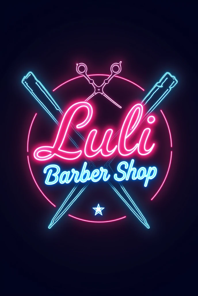 Round neon logo that says Luli Barber Shop with scissors and razors