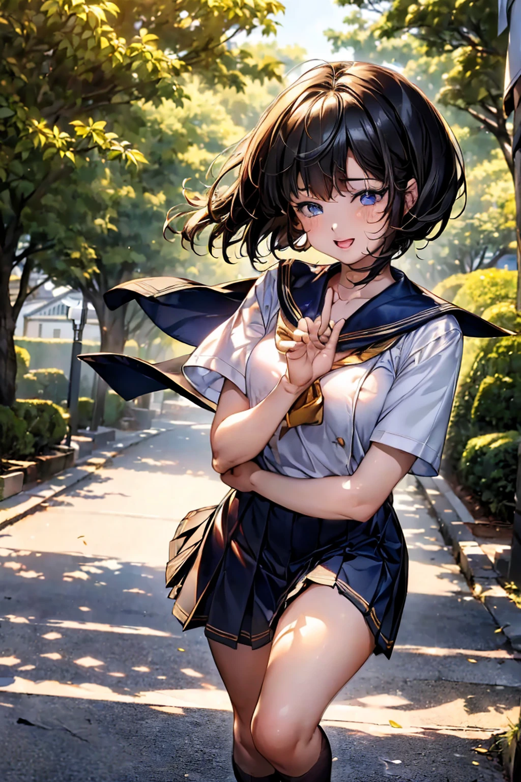 Browsing Caution,(Highest quality, 8k, masterpiece:1.3,beautiful girl), (Very detailed)Glowing Skin,((Short sleeve, cute navy sailor suit, Navy Pleated Skirt, Navy sailor collar, Blue Sailor Scarf, socks, Brown Loafers)), ,(Perfect Anatomy, Anatomically correct, Very detailed肌),((Golden Eyes)),((Perfect Fingers,Five Fingers)),((Black Hair,Bobcut,)),Natural Makeup,Smile in full bloom、School、school gate、Rear View、cheeks turn a little red,Please put your shoes back on,Her breasts are visible through her loose clothing,Place one knee on the ground