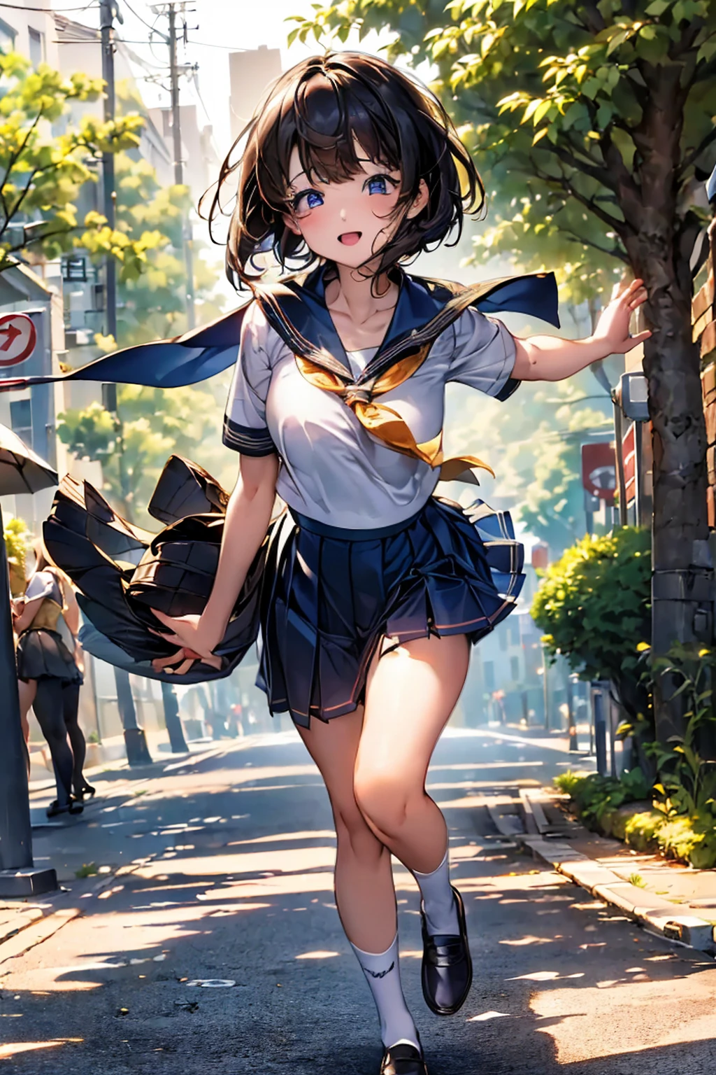 Browsing Caution,(Highest quality, 8k, masterpiece:1.3,beautiful girl), (Very detailed)Glowing Skin,(((Woman 1))),((Short sleeve, cute navy sailor suit, Navy Pleated Skirt, Navy sailor collar, Blue Sailor Scarf, socks, Brown Loafers)), (Perfect Anatomy, Anatomically correct, Very detailed肌),((Golden Eyes)),((Perfect Fingers,Five Fingers)),((Black Hair,Bobcut,)),Natural Makeup,Smile in full bloom、cheeks turn a little red,morning、Tree-lined street、front、She's running、Focus Only、Hairpin wearing