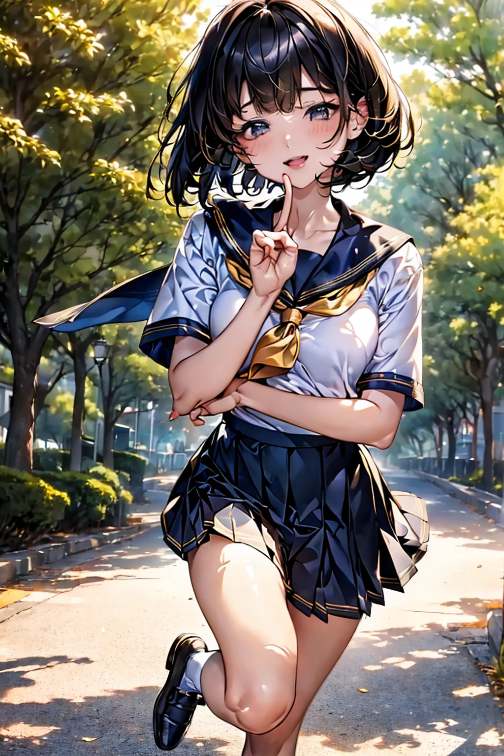 Browsing Caution,(Highest quality, 8k, masterpiece:1.3,beautiful girl), (Very detailed)Glowing Skin,(((Woman 1))),((Short sleeve, cute navy sailor suit, Navy Pleated Skirt, Navy sailor collar, Blue Sailor Scarf, socks, Brown Loafers)), (Perfect Anatomy, Anatomically correct, Very detailed肌),((Golden Eyes)),((Perfect Fingers,Five Fingers)),((Black Hair,Bobcut,)),Natural Makeup,Smile in full bloom、cheeks turn a little red,morning、Tree-lined street、front、She's running、Focus Only、Hairpin wearing
