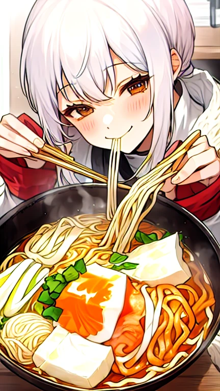 Smiling and eating ramen