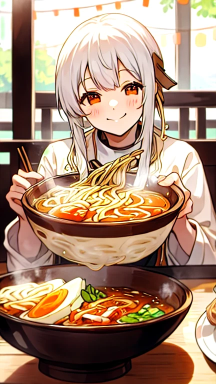 Smiling and eating ramen