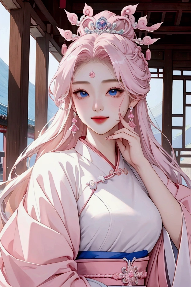 (Highest quality、 8k 、masterpiece、High resolution)、(Chinese Drama、Changgexing、Li Changge、Dililaba)、Tang Dynasty、Changan、1 Female、Beautiful young person、blue eyes、Pretty lips、Hairpin、(Noble Princess)、(Anime Beauty)、((Full Body Shot))、(Anime Art)、Smiling and posing happily、Bright atmosphere、Light colored long hair、Light pink Hanfu、Changanの街並み、Tang Dynasty Buildings、Tang Dynasty Buildings、Official Art、Detailed CG、