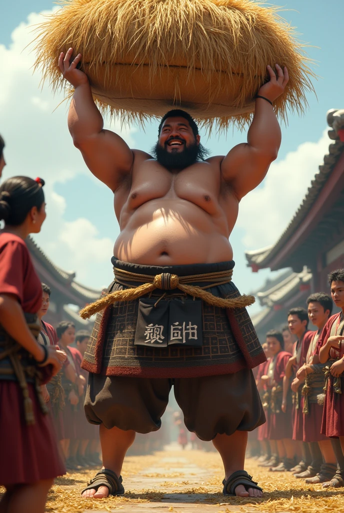 "Toyotomi Hideyoshi lifts a heavy rice bale with a proud grin, showing off his strength to those around him. His expression is full of confidence, and the onlookers are impressed by his feat."