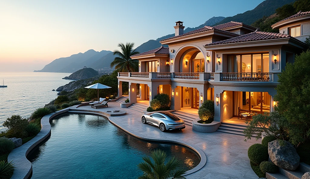 luxury mansion with a luxury car parked in front of it, seaside, luxury pool, luxury lifestyle, luxurious environment, luxury architecture, rich, huge mansion, rich style, luxury and elite, extremely opulent, luxurious, hyper luxurious, majestic masterpiece, wealthy, luxury, stunning grand architecture, exquisite masterpiece, flaunting his wealth, inside a grand, architectural masterpiece, heaven, heavenly