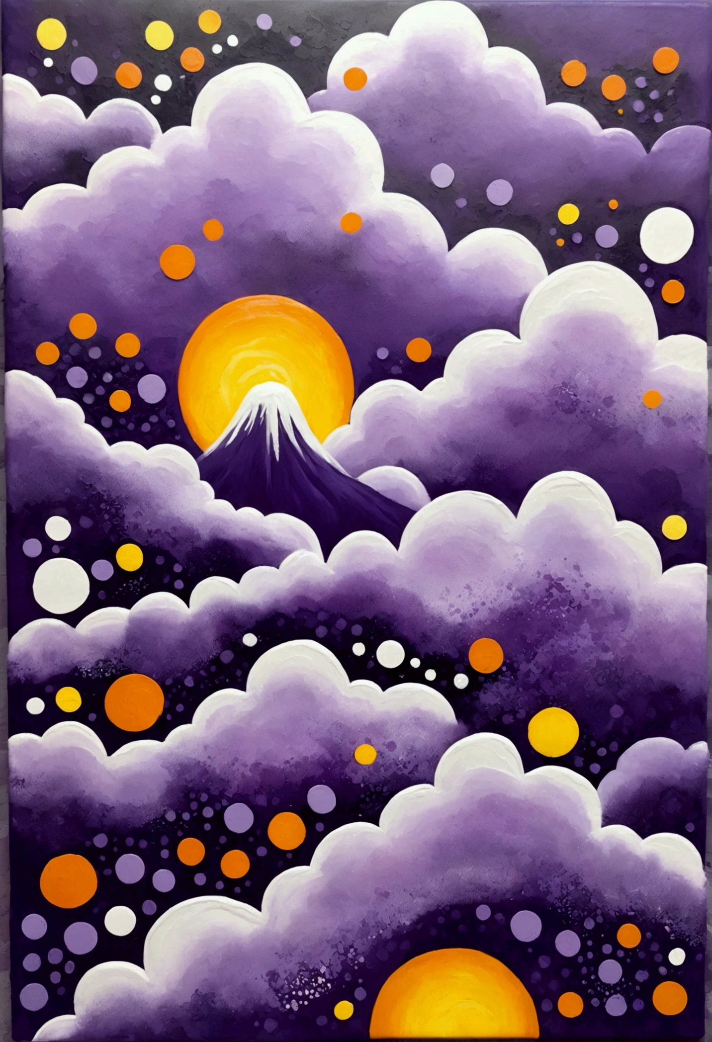 A painting，Inspired by Yayoi Kusama：(((Chalk painting，Oil stick painting，Volume，Thick coating，Uneven texture，Plaster texture，Graffiti，Dot)))。(a volcano erupts。White smoke。), Bright colors, Purple和, cute的, Bright colors，cute, Lavender Color and Color Schemes, 和Purple的配色方案,  Beautiful Art,  Purple, Whimsical Art, 和Purple色调,  Close together,, spring, Inspired by Tomokazu Matsuyama, Delightful