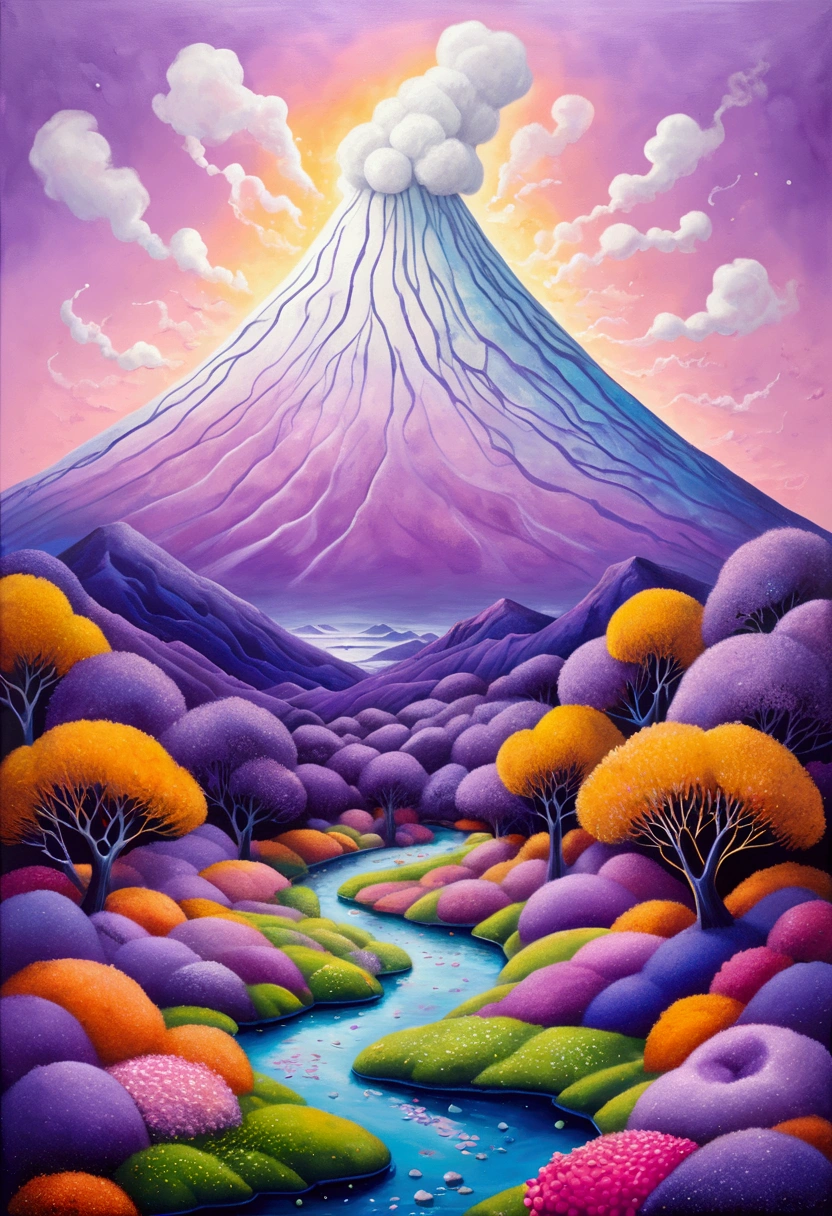 A painting,Inspired by Yayoi Kusama:(((Chalk painting,Oil stick painting,Volume,Thick coating,Uneven texture,Plaster texture,Graffiti,Dot)))。(a volcano erupts。White smoke。), Bright colors, Purple和, cute的, Bright colors,cute, Lavender Color and Color Schemes, 和Purple的配色方案, Beautiful Art, Purple, Whimsical Art, 和Purple色调, Close together,, spring, Inspired by Tomokazu Matsuyama, Delightful