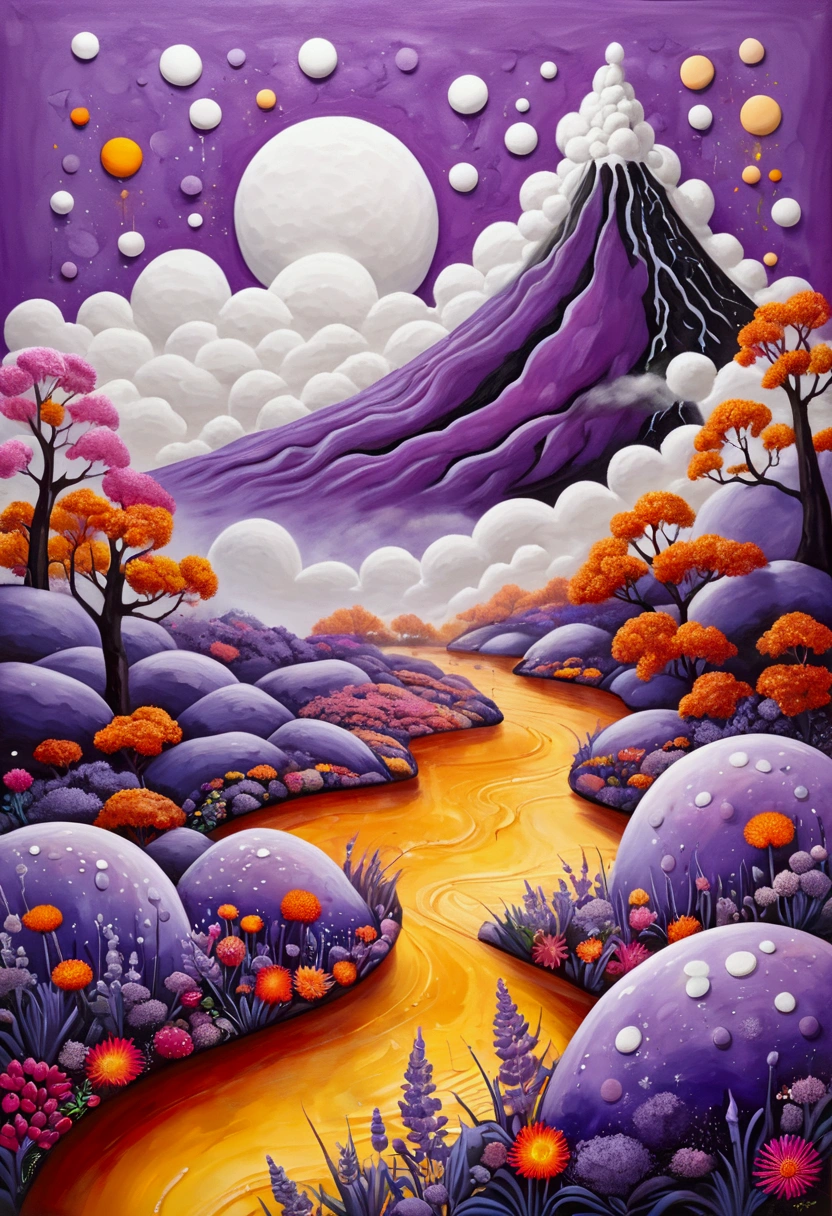 A painting,Inspired by Yayoi Kusama:(((Chalk painting,Oil stick painting,Volume,Thick coating,Uneven texture,Plaster texture,Graffiti,Dot)))。(a volcano erupts。White smoke。), Bright colors, Purple和, cute的, Bright colors,cute, Lavender Color and Color Schemes, 和Purple的配色方案, Beautiful Art, Purple, Whimsical Art, 和Purple色调, Close together,, spring, Inspired by Tomokazu Matsuyama, Delightful