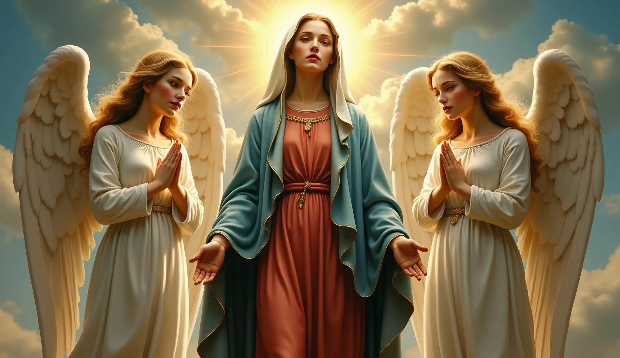 Three women standing side by side facing forward。A beautiful Virgin Mary with two beautiful angels standing on either side