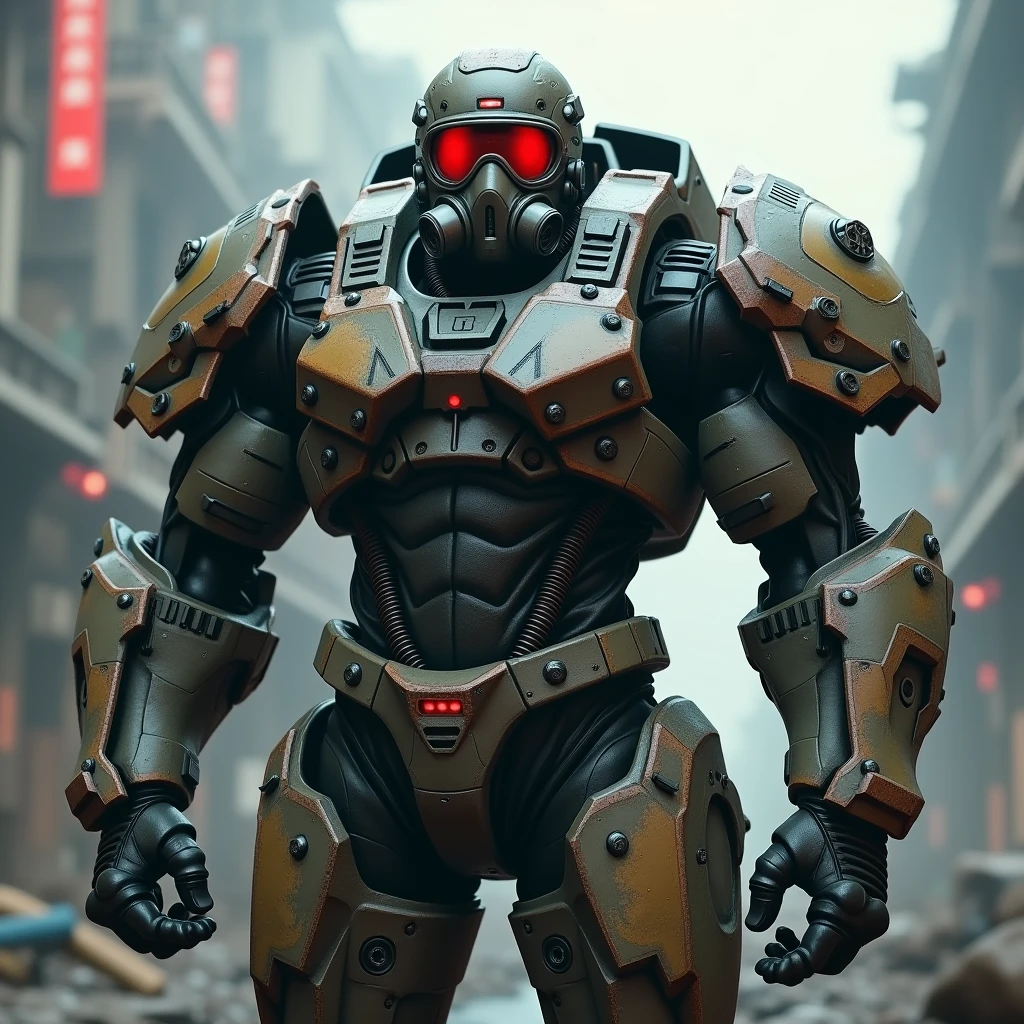 Soldier, calm, Gasmask with red glasses, juggernaut suit, 