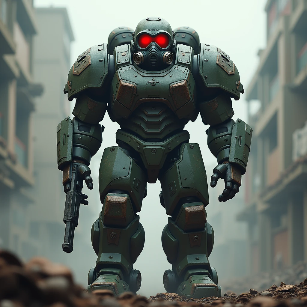 Soldier, calm, Gasmask with red glasses, juggernaut suit,