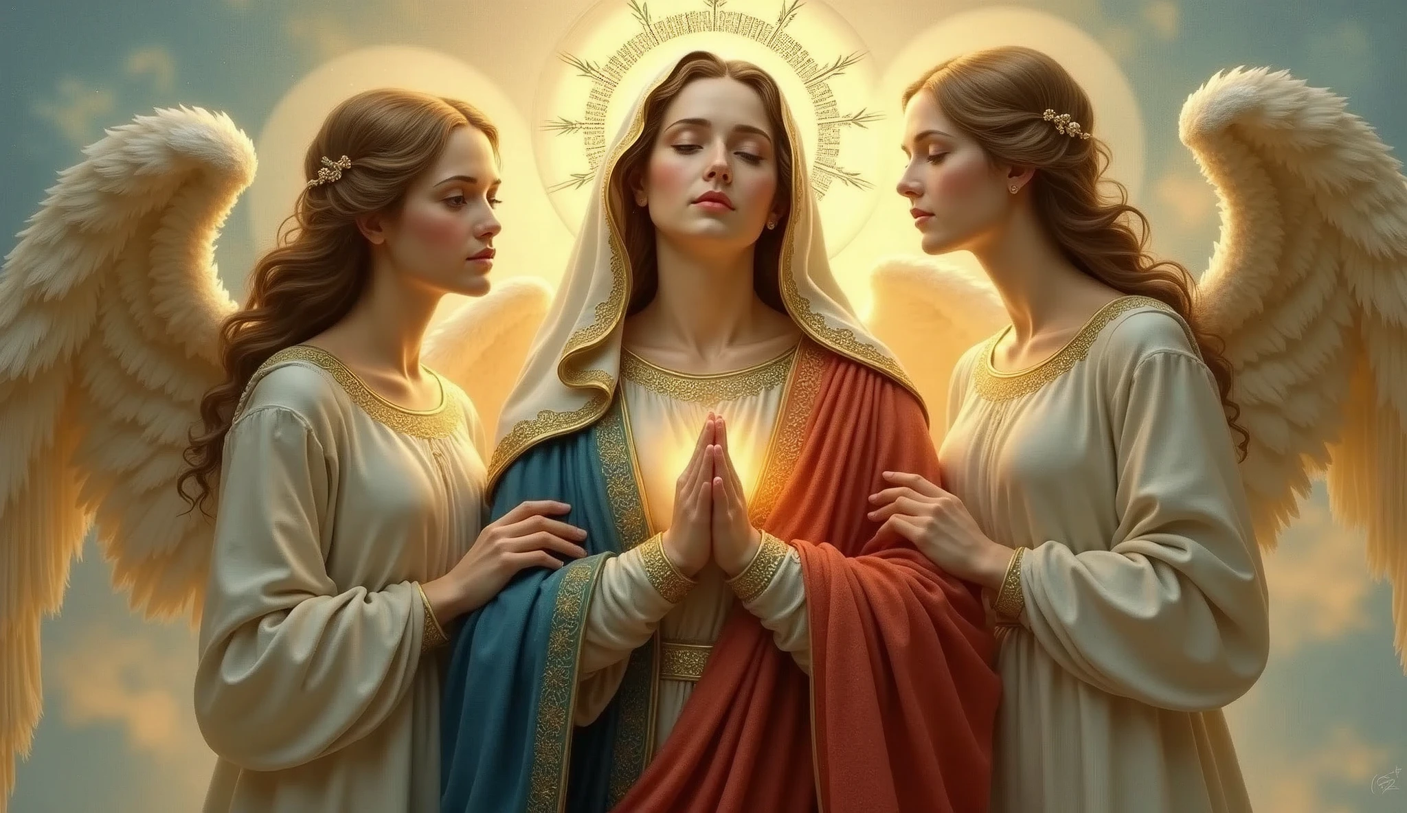 Three women standing side by side facing forward。A beautiful Virgin Mary with two beautiful angels standing on either side