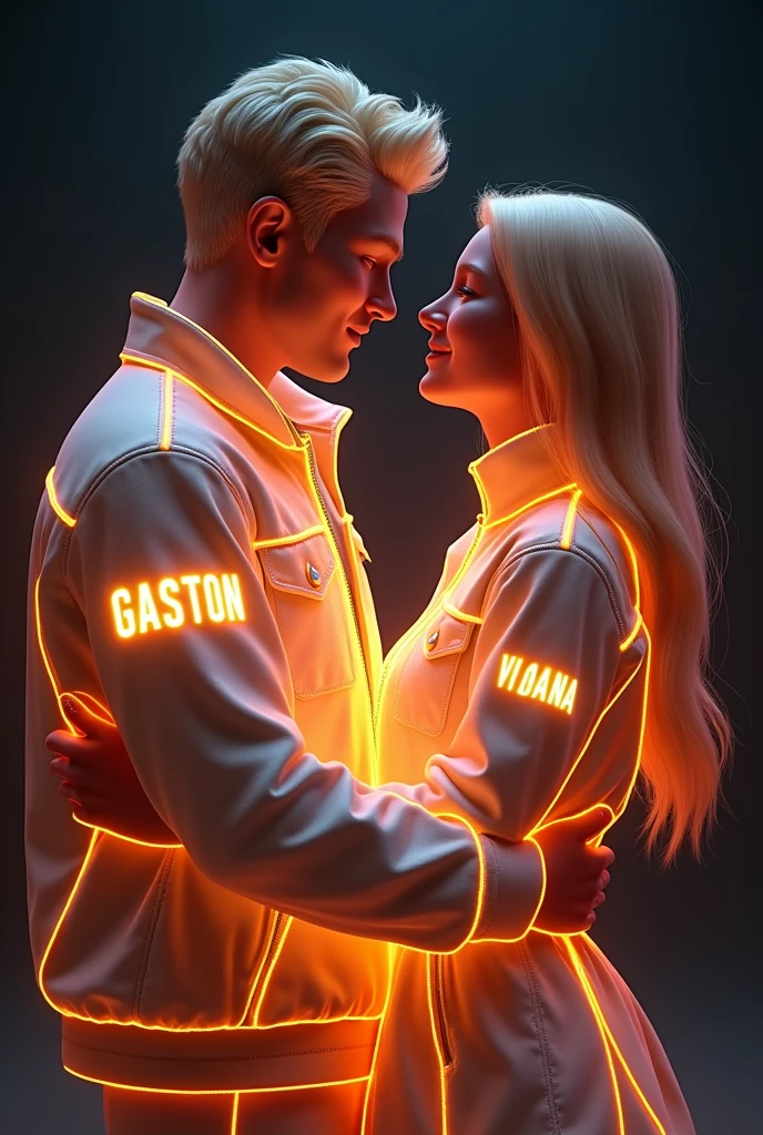  3D glowing male and female hugging, , with glowing hair wearing jackets that say GASTON and VIANA