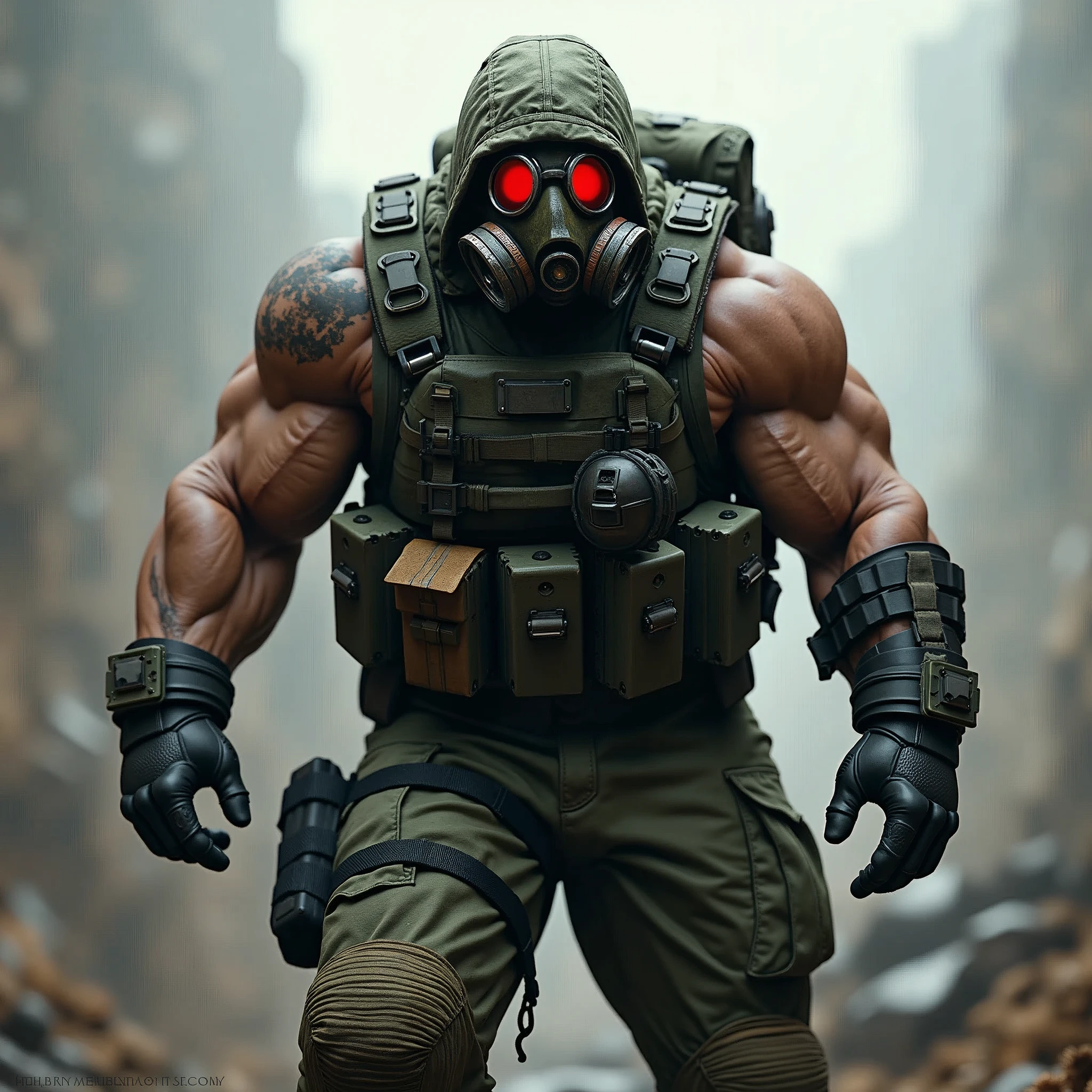 Soldier, muscular, angry, gasmask with red glasses,