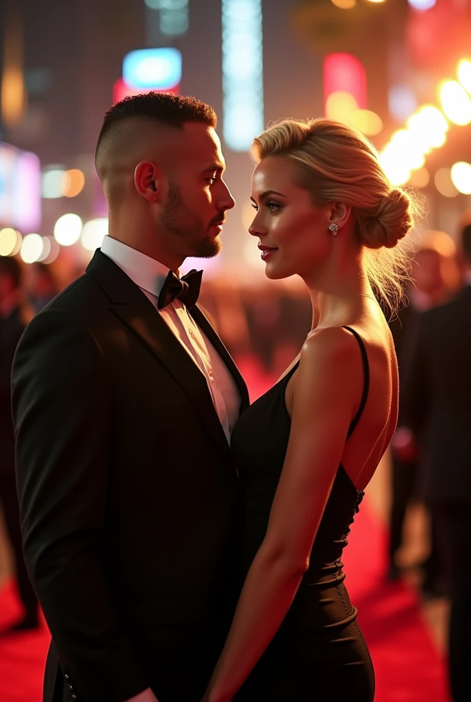 Hot blonde hair girl standing with man with buzz cut at movie premiere,nipples,body view,bright light