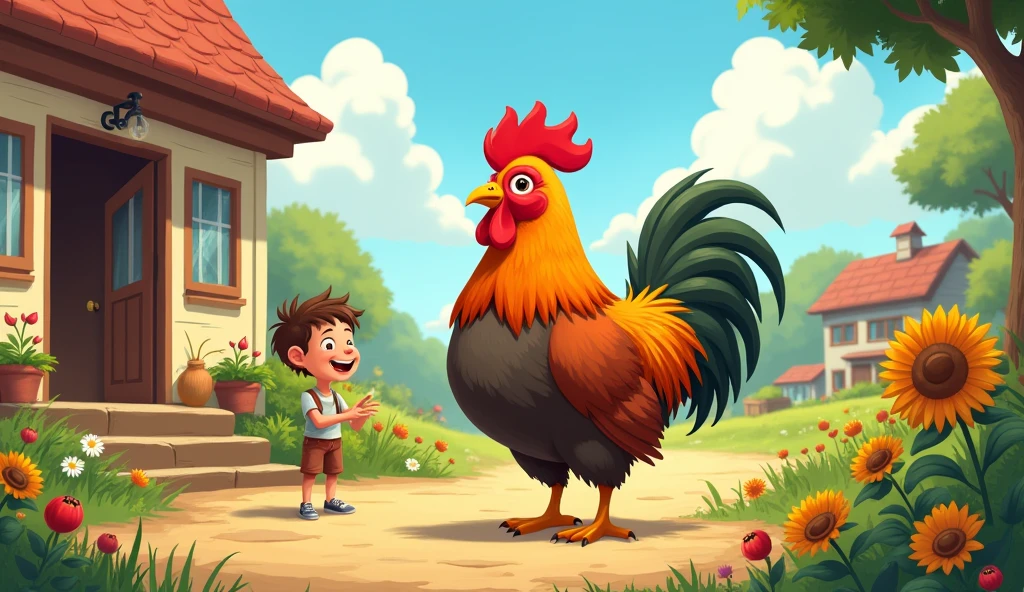 A petted rooster for children outside a church