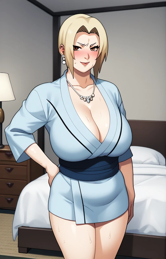 Tsunade senju,Big breast,Sagging big breast,Hitozuma,cleavage,uzumaki clan symbol in outfit,Wringkle,wedding ring,Sleeve outfit,old lady,Wringkle in face,Grandma who still have sexy body,Gilf,standing,potrait,Uzumaki tsunade,Plump,Sleeve,Wide hips,1girl,Solo,Tsunade necklace,Shirt with cleavage And uzumaki clan symbol,Double chin,Short buzzcut hair,green Pearl earring,Blush,Horny,Half open cloth,Seducing in bed,undercut fade hair,Sweat