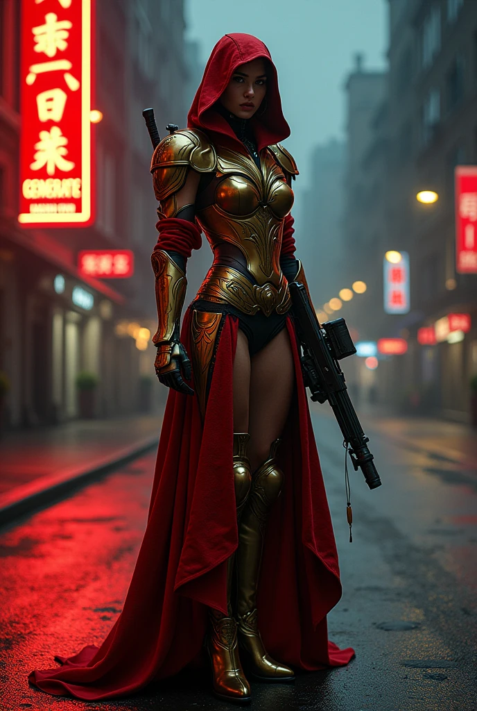 A photography of assassin's creed girl is wearing red gold armour clothes with high heels and gun. She was stand on road with night scene background. The mini board saying "AI GENERATE HAZRIN RYNN "