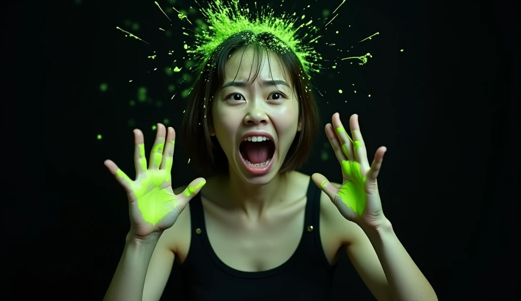 a close up of a tanned korean woman wearing black tank top, red lipstick, bun brown hair, her face looks scared and screamed with mouth open like shouting. Her palms to the camera looks like she's avoiding it. there is green transparant liquid slime splashed to her head. the slime looks like it splashes around. black background. realistic, medium shot, 8k.