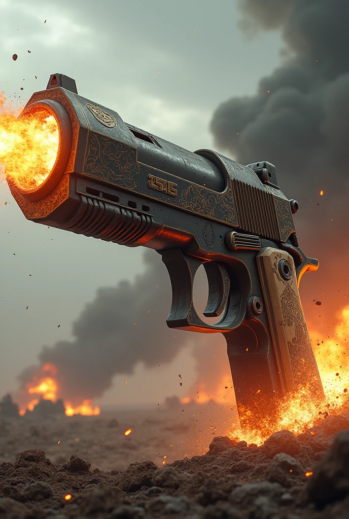 A caterpillar tank is attached to the base of a Colt-type pistol, creating a huge massacre weapon that flies low over the battlefield, spraying fire from its muzzle.。Explosion and destruction、Blow away enemy camp、Gun-shaped vehicle、