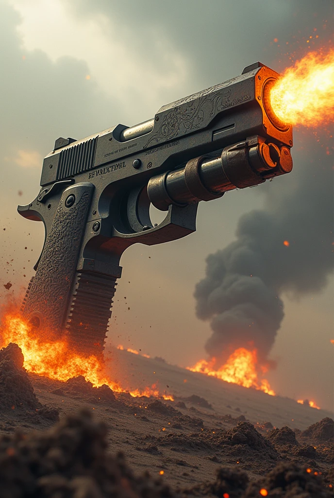 A caterpillar tank is attached to the base of a Colt-type pistol, creating a huge massacre weapon that flies low over the battlefield, spraying fire from its muzzle.。Explosion and destruction、Blow away enemy camp、Gun-shaped vehicle、