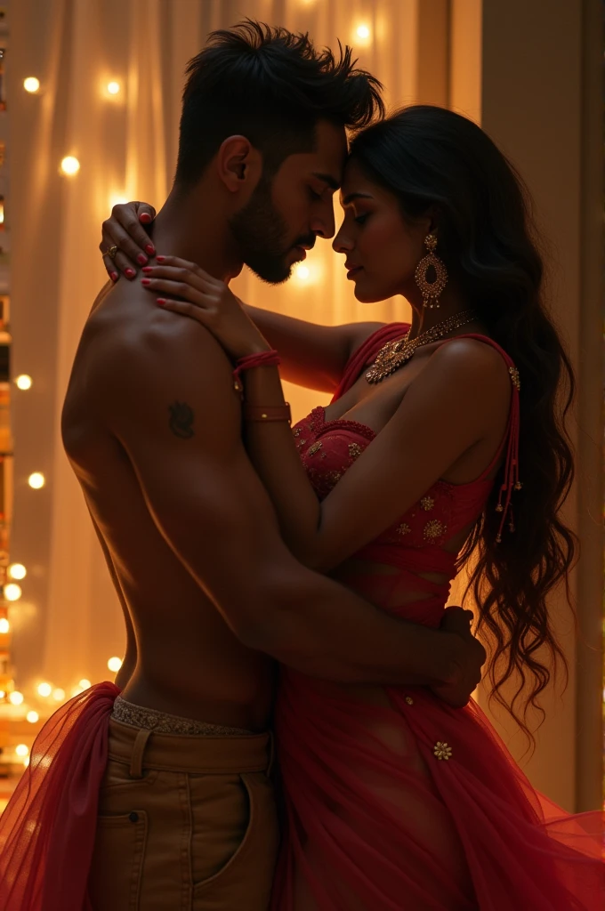 Generate a beautiful romantic scene of a extreme beautiful and hot Indian Punjabi woman with a Indian man without clothes