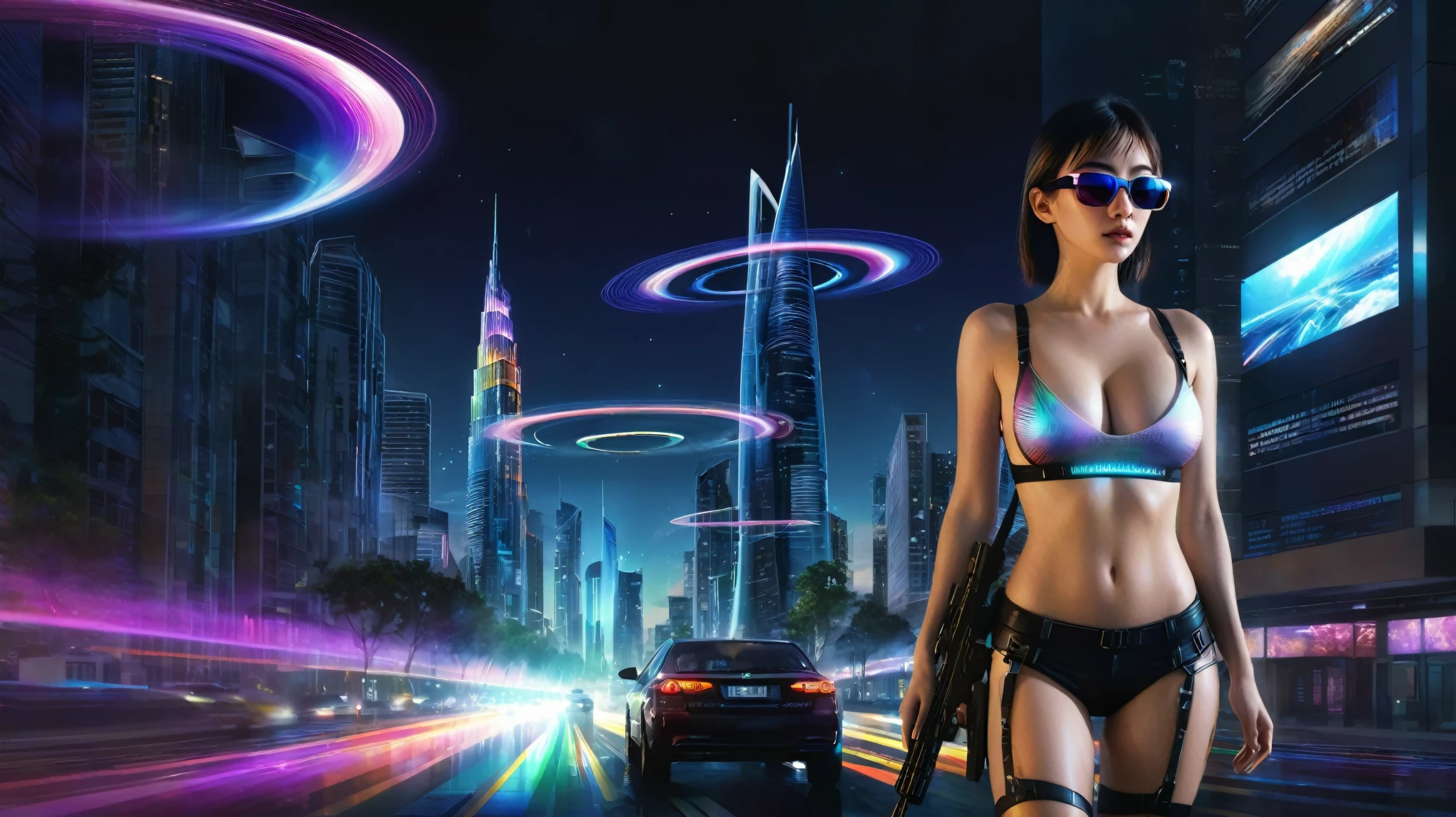 Estilo: arte conceitual. A cena: Futuristic cityscapes with colorful all-glass towering skyscrapers, sleek aerodynamic vehicles speeding through the air, sci-fi spirit-sparkling rainbow colors wormhole at the end of the street. High-resolution OLED GUI interfaces in the building, The windows are filled with transparent data visualization infographics that show it all, from weather patterns to traffic flow, Matrix cascading code. Colors are saturated and vibrant. At night, (1girl, solo), photo realistic, medium-breast:1.3 slim body, cleavage, sling top, miniskirt, (matrix style black sunglasses, holding a short gun), half-body thigh level medium shot, cinematic lighting, ray tracing.