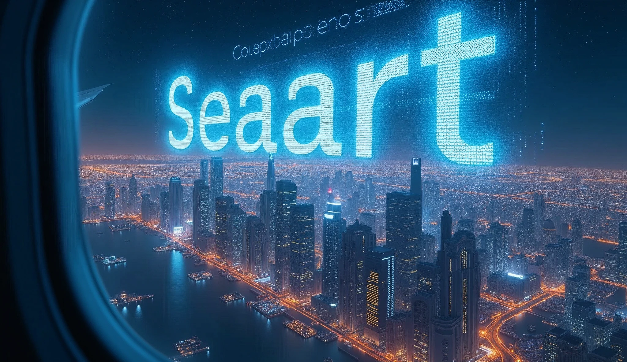 Landscape Photography,Taken from an airplane window,(3D hologram from a skyscraper in a futuristic city"The word Seaart infinity is projected into the night sky 2:0),(masterpiece:1.2,Highest quality,Ultra-high resolution,Very detailed,8k,Realistic,Best aesthetics),beautiful,(dynamic)