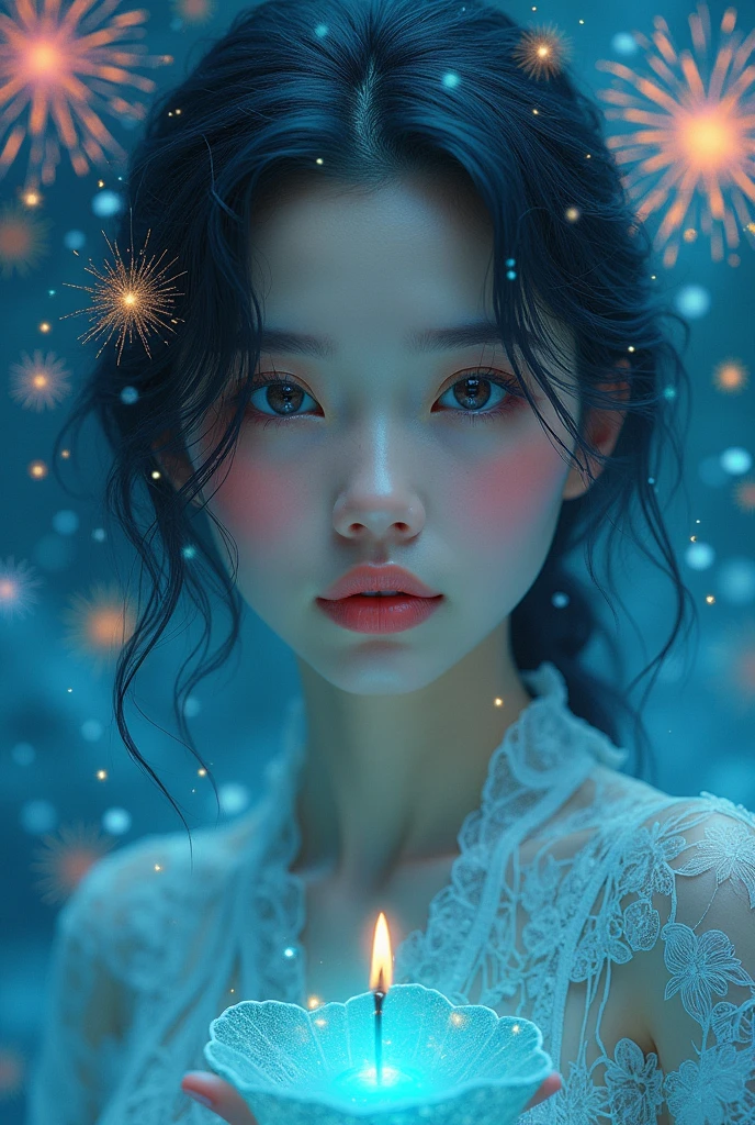 selfie portrait, beautiful woman, all Tiffany Blue, tarot cards style, fusion of watercolors and oil paintings, fusion of paper cutting and shadow puppetry, shading effects, gradation magic effects, glitter effects, (ultra detailed, absolutely resolution, best quality:1.3), 2.5D, delicate and dynamic, artistic photography, hyper realistic, graphic CG digital art, (background rainbow fireworks)