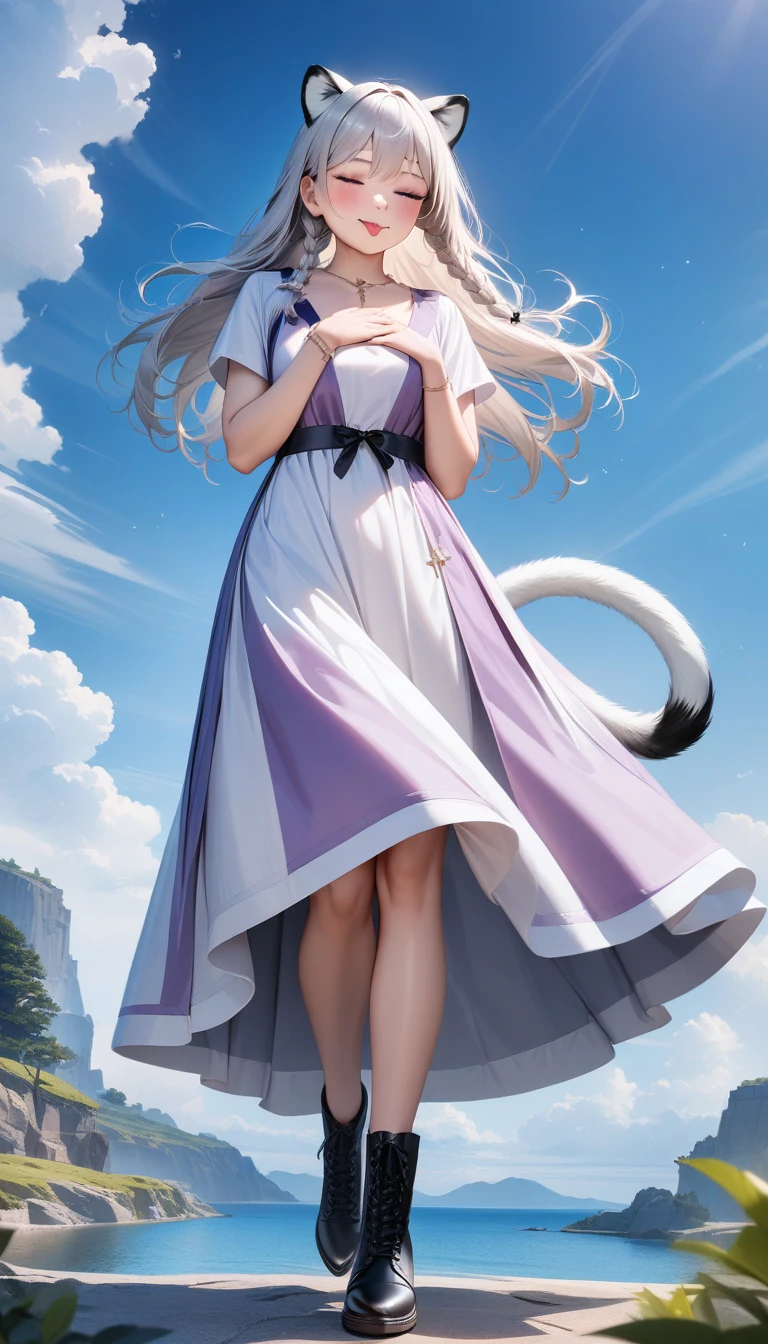 black boots, tny-atla, closed eyes,tail, bracelets, full body, solo, 1girl, outdoors, masterpiece, best quality, very aesthetic, absurdres ((masterpiece)), (best quality), (ultra-detailed), photorealistic, (best illustration), ((an extremely delicate and beautiful)), 1girl, solo, long hair, white tiger ears, [:white tiger tail under:0.2], white hair, two-tone hair, white dress, (lilac dress:1), multicolored dress, cross-laced, standing, closed eyes, smile, black skirt, short sleeves, detailed scenery, blue sky, horizon, low twin braids, twin braids, hair ornament, bracelet, (hand on own chest:0.9), blush, Cute tongue out. 