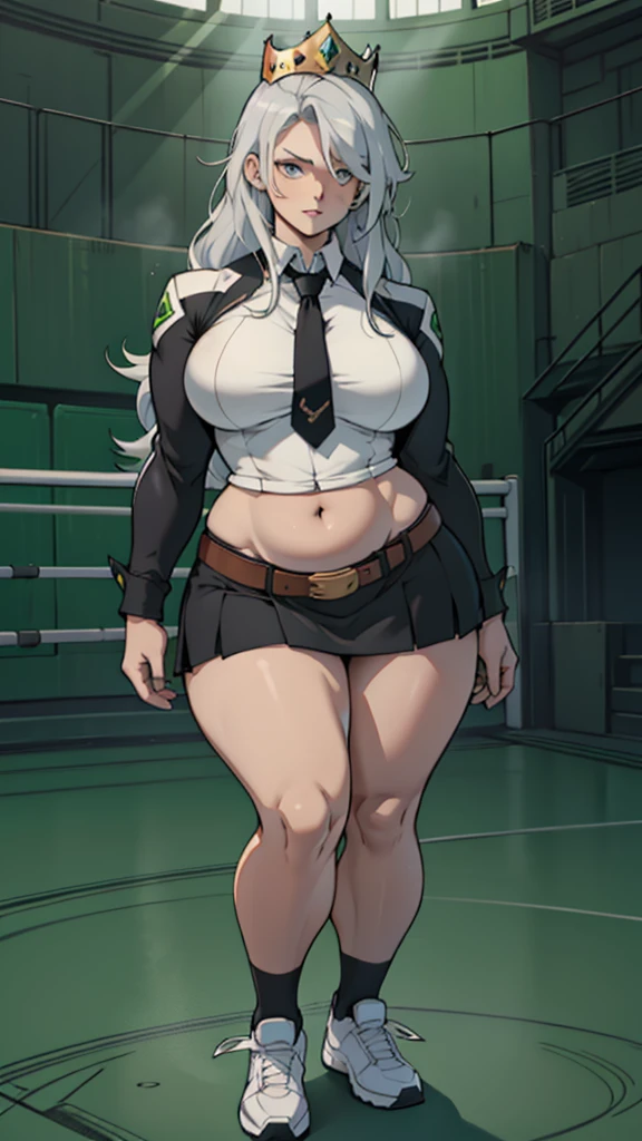 girl huge muscles (((full body))), (masterpiece), ((best quality)), ((tall girl)), straight hair (curvy:1.7), (short skirt), shoes, belt below navel, (black suit and tie), huge breasts pale skin silvery dyed green long hair blue eyes hair between eyes, standing in a fighting-arena, background huge crownd