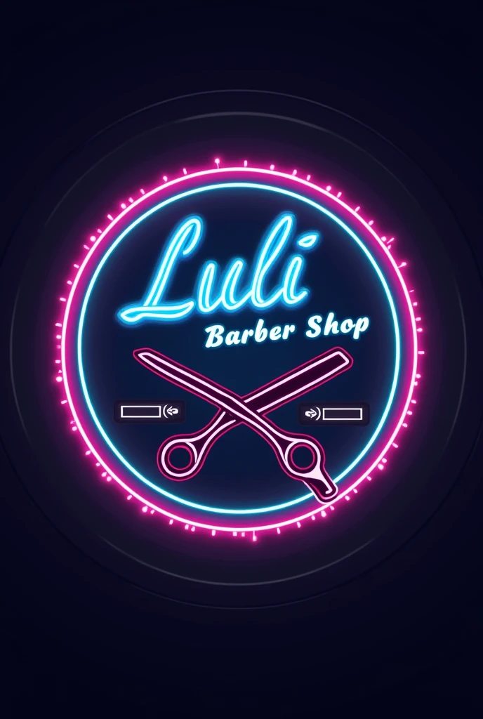 Neon round logo that says luli barber shop with barber scissors and barber razors