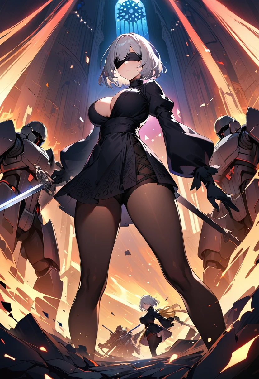 2B Nier Automata,masterpiece, 最high quality, High resolution,  Black clothes 、Black Pantyhose、Dark church at night、Wear a miniskirt、Thin legs、Big Breasts、Slim figure、high quality　CG Tone、Gray Hair、Black blindfold、Short Bob、Surrounded by mechanical soldiers、Cutting a mechanical soldier with a sword、stylish、Japanese sword、Clothes get torn、damage、Coming under attack