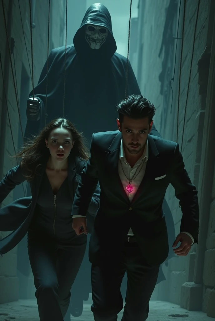 A ( handsome man , black suit , Magical glowing blue eyes 

(he is holding a girl by his hands,the girl asleep)