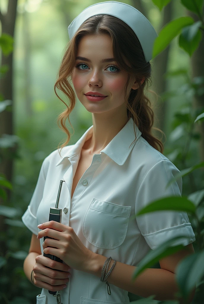 A nurse, sexy, fair skinned, holding a medical pipe, in the middle of a forest, blue eyes, smiling, delicate lips,