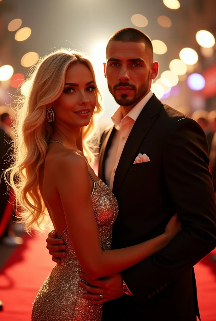 Hot blonde hair girl standing with man with buzz cut and beardless at movie premiere,nipples,body view,bright light,looking at viewers