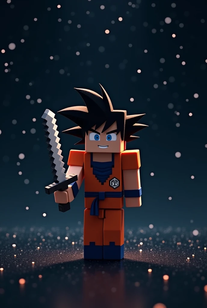 Make a Minecraft player with Goku skin in the space holding sword make his face normal