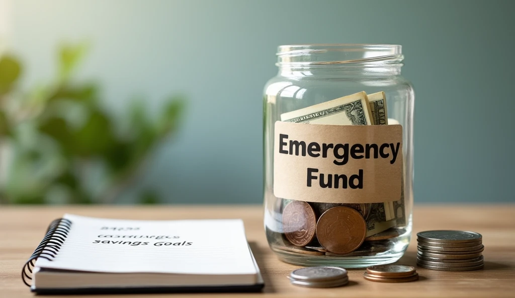 "A glass jar labeled 'Emergency Fund' with coins and bills inside, placed on a wooden table next to a notebook with savings goals, ar 16:9"
