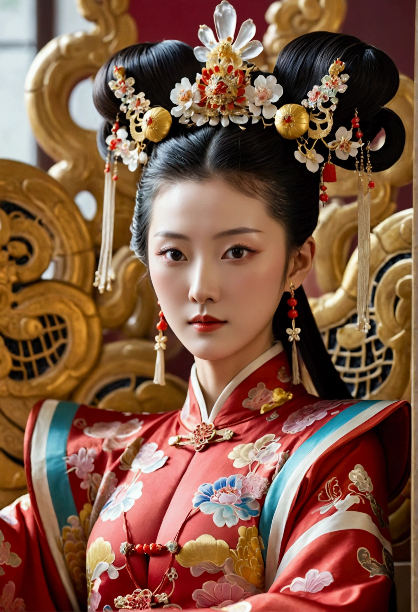 A lavishly adorned female emperor of the Qing Dynasty, sitting naked on a massive throne, with large breasts.（Porn Pose） A gorgeous Chinese imperial empress with her hair tied on both sides and wearing a crown、Background of kinky and erotic woman tying her hair、The story is set in the luxurious rooms of an empress in the Chinese imperial court during the Qing dynasty.。