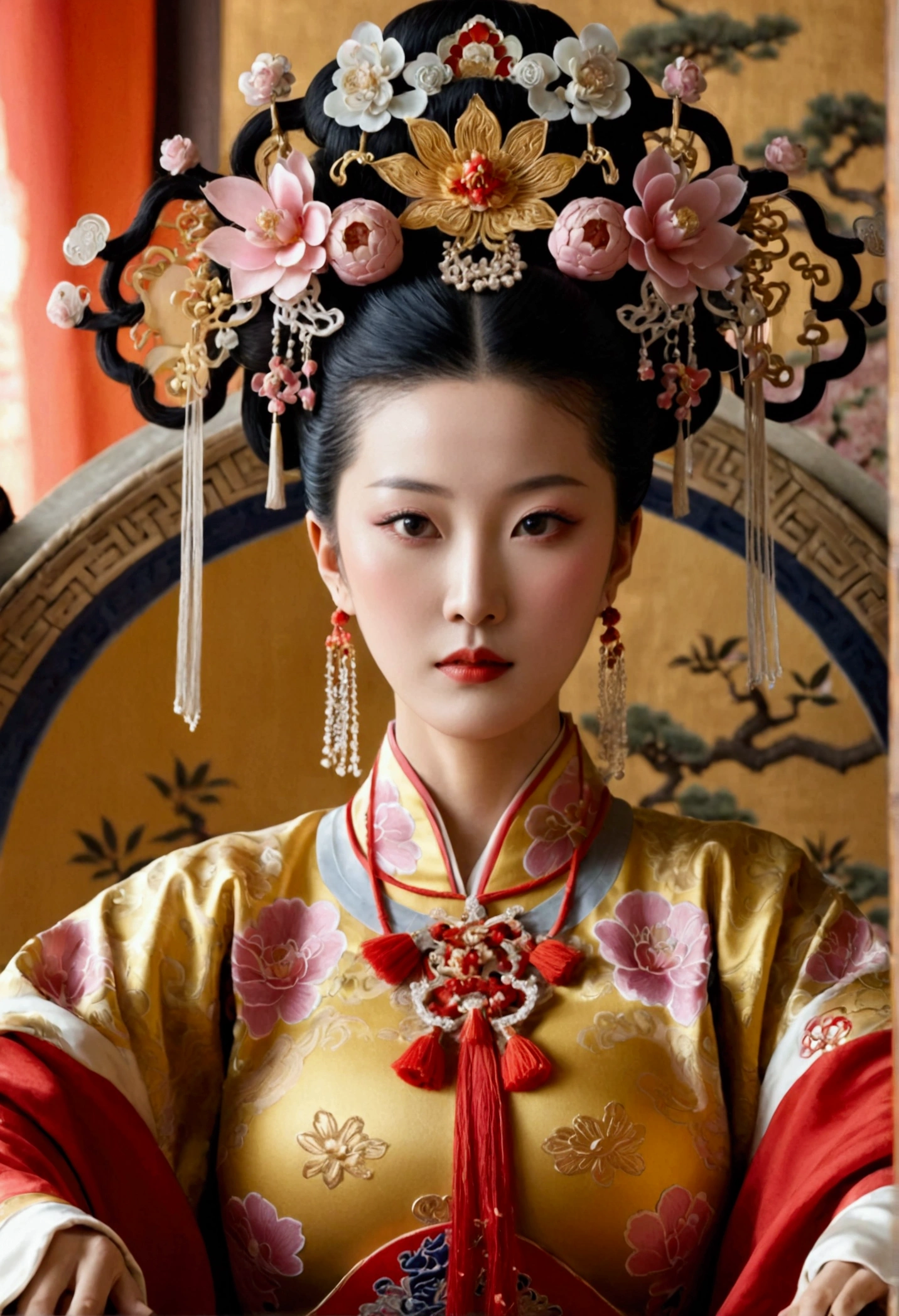 A lavishly adorned female emperor of the Qing Dynasty, sitting ????? on a massive throne, with large breasts.(???? Pose) A gorgeous Chinese imperial empress with her hair tied on both sides and wearing a crown、Background of kinky and erotic woman tying her hair、The story is set in the luxurious rooms of an empress in the Chinese imperial court during the Qing dynasty.。