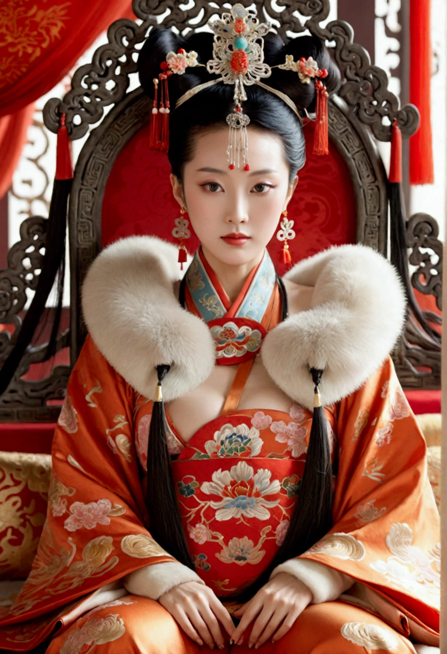 A lavishly adorned female emperor of the Qing Dynasty, sitting naked on a massive throne, with large breasts.（Porn Pose） A gorgeous Chinese imperial empress with her hair tied on both sides and wearing a crown、Background of kinky and erotic woman tying her hair、The story is set in the luxurious rooms of an empress in the Chinese imperial court during the Qing dynasty.。