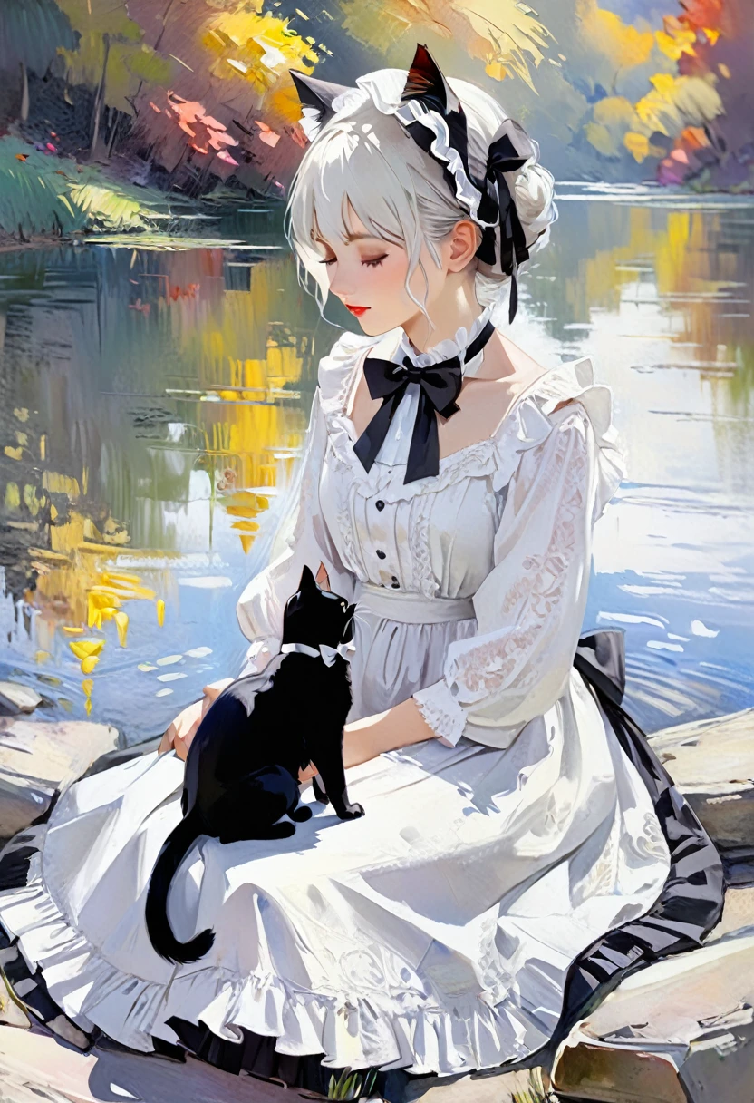 (Impressionist oil painting of a girl:1.5), by Monet、Oil paintings with a very realistic texture that look like photographs.A girl is sitting by the lake. She has beautiful short white hair.Realistic black cat ears grow on the head.Beautiful dark eyes, beautiful lips, highly detailed beautiful skin,Wearing a gorgeous black and white frilly Gothic Lolita dress,A cute black bow tie around his neck,A girl is dozing alone on a flat stone by the lake, feeling the coming of autumn.The girl's beautiful skin and the texture of her dress,The beautiful rippling surface of the lake, the expression of autumn's arrival,High quality, high image quality,Masterpiece, Best Quality, 4k, 8k, Ultra Detail,Ultra-fine painting, highly detailed oil painting texture, a scene from the movie, Soft colors, professional photo resolution,oil painting