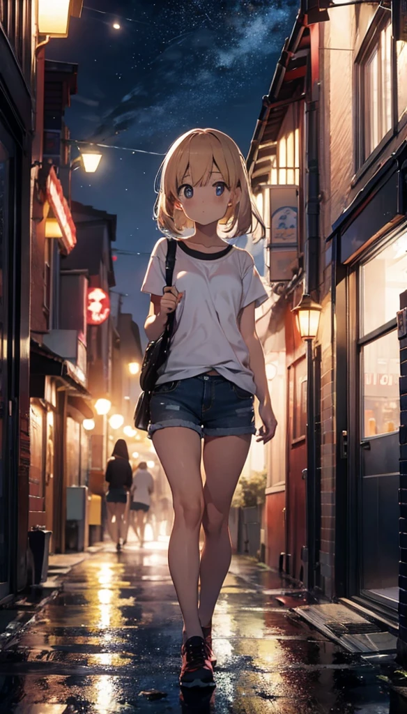 Beautiful girl walking down the street on a rainy night in a crowded big city、Blonde、Denim shorts、Tank top、Sad face、Warm lighting Starry Sky Japanese anime style I can see the neon lights of the city An angle that captures the whole body An angle that shows you from head to toe