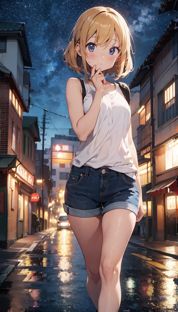 Beautiful girl walking down the street on a rainy night in a crowded big city、Blonde、Denim shorts、Tank top、Sad face、Warm lighting Starry Sky Japanese anime style I can see the neon lights of the city An angle that captures the whole body An angle that shows you from head to toe
