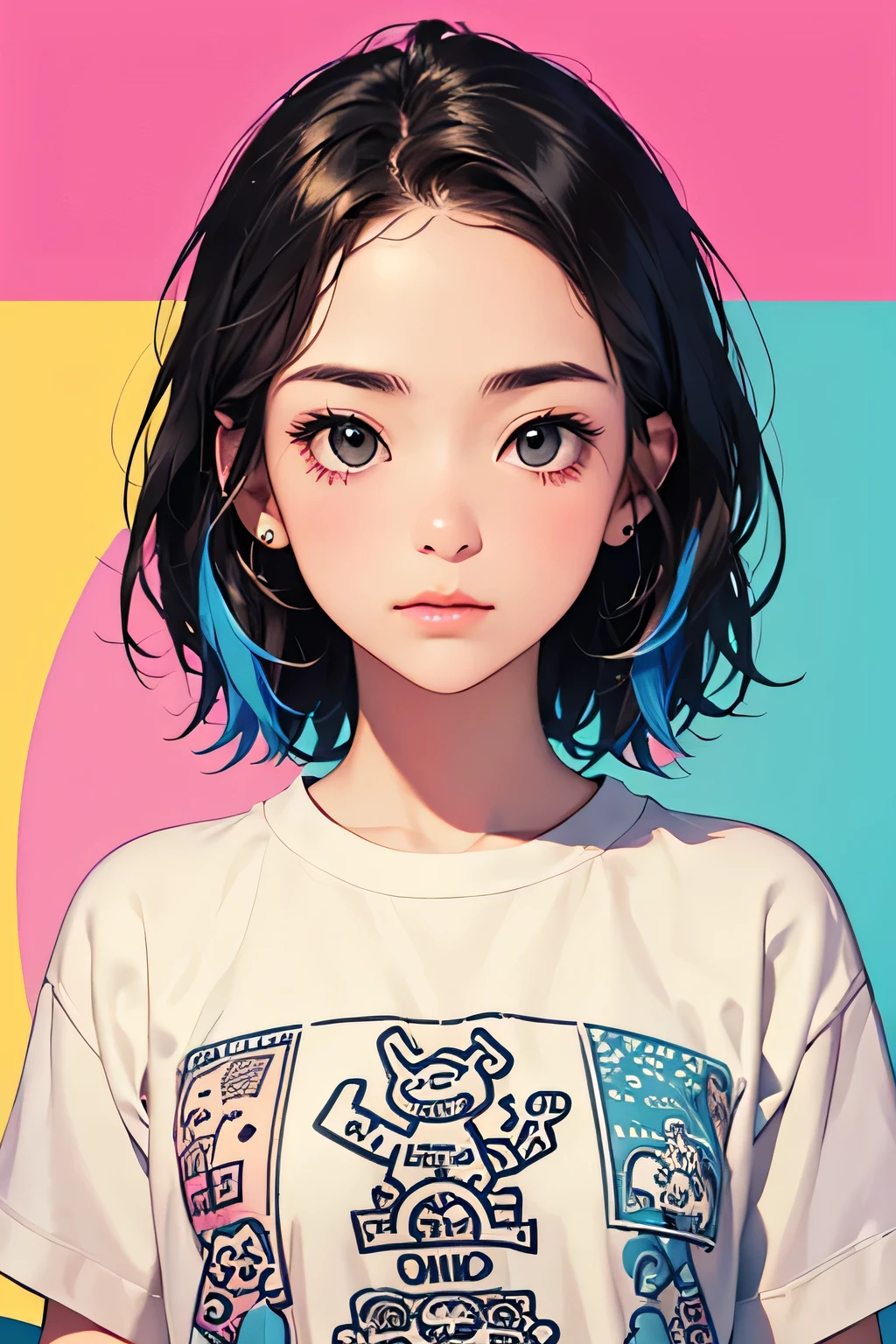Keith Haring colorful style, Simple Line Initialism,Abstract art,(((The most beautiful girl of all time))), Sweet face. Lips in love, colorful hearts, stylish design, 夏のオシャレなTシャツ, 黒い瞳, walking, Paris