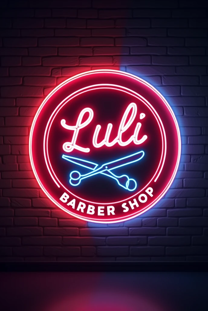 Neon round logo that says luli barber shop with barber scissors and barber razors 
