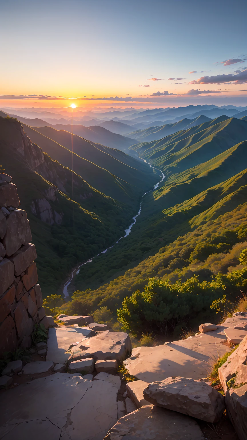 A mesmerizing, high-resolution sunset view from top of tropical mountains, there's valley view below,at the far distance there's sea,