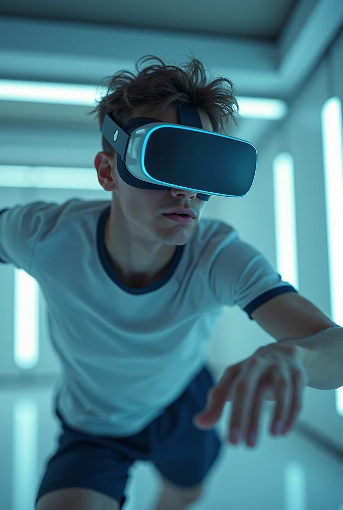 Create an image of someone wearing VR glasses playing an athletic game.