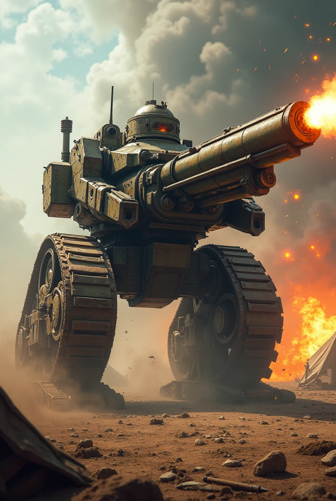 A huge massacre weapon consisting of a Colt-type pistol base and a caterpillar tank attached to it runs across the battlefield, spraying fire from its muzzle.、Explosion and destruction、Blow away enemy camp、Pistol-type armored vehicle、